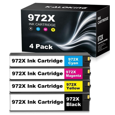 KALOKING HP 972X compatible ink cartridge 4-pack showing black, cyan, magenta, and yellow cartridges for HP PageWide Pro