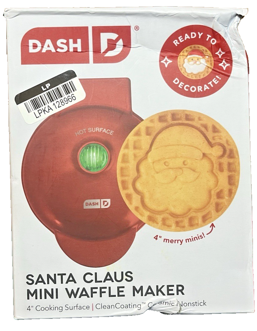 DASH Santa Claus red mini waffle maker with 4-inch non-stick cooking surface and festive holiday Christmas design