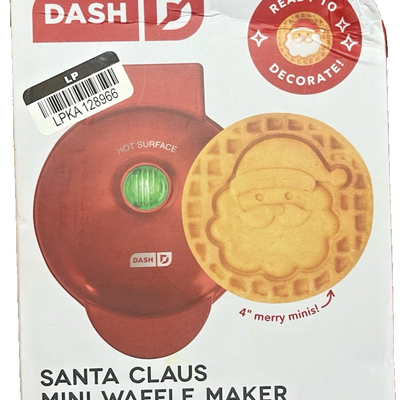 DASH Santa Claus red mini waffle maker with 4-inch non-stick cooking surface and festive holiday Christmas design