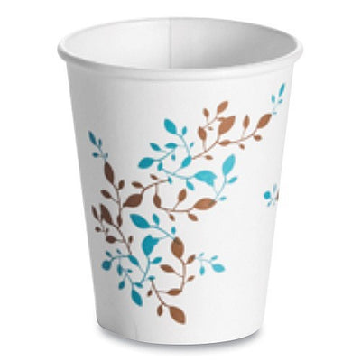 Huhtamaki 8oz white paper hot cups with blue and brown Vine design pattern, rolled rim, 1000-count case