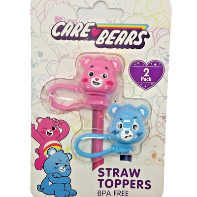 Care Bears 2-pack straw toppers featuring pink Cheer Bear and blue Grumpy Bear 3D silicone designs on cup straws