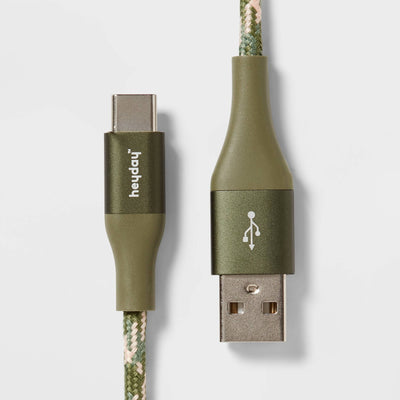 Heyday 10ft camouflage braided USB-C to USB-A fast charging cable coiled on white background