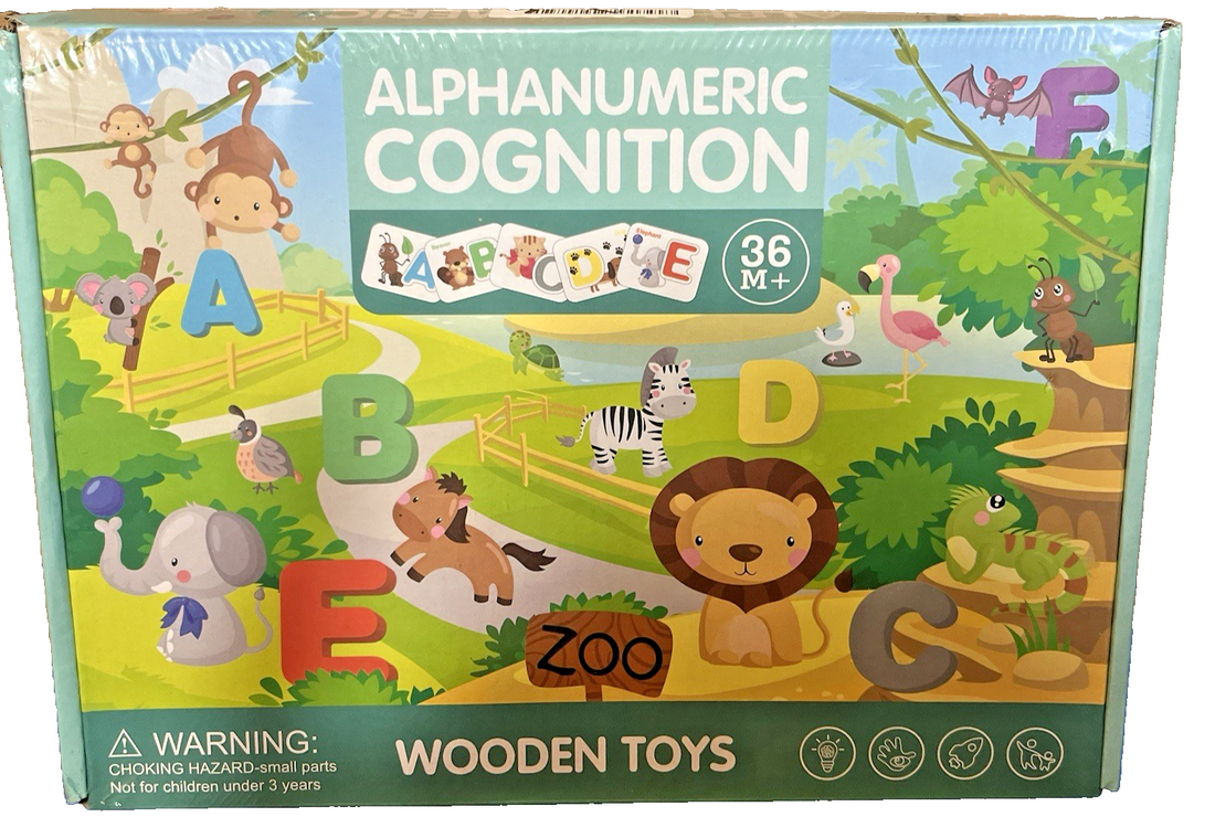 Wooden Montessori toy set with 26 alphabet letters, numbers 1-10, and colorful animal and food tiles for toddlers
