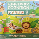 Wooden Montessori toy set with 26 alphabet letters, numbers 1-10, and colorful animal and food tiles for toddlers