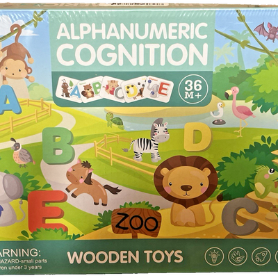 Wooden Montessori toy set with 26 alphabet letters, numbers 1-10, and colorful animal and food tiles for toddlers