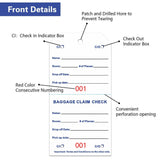 Stack of rectangular coated paper baggage claim check tags numbered in bold red on white, with tear-off stub and transfer tape backing - view 6