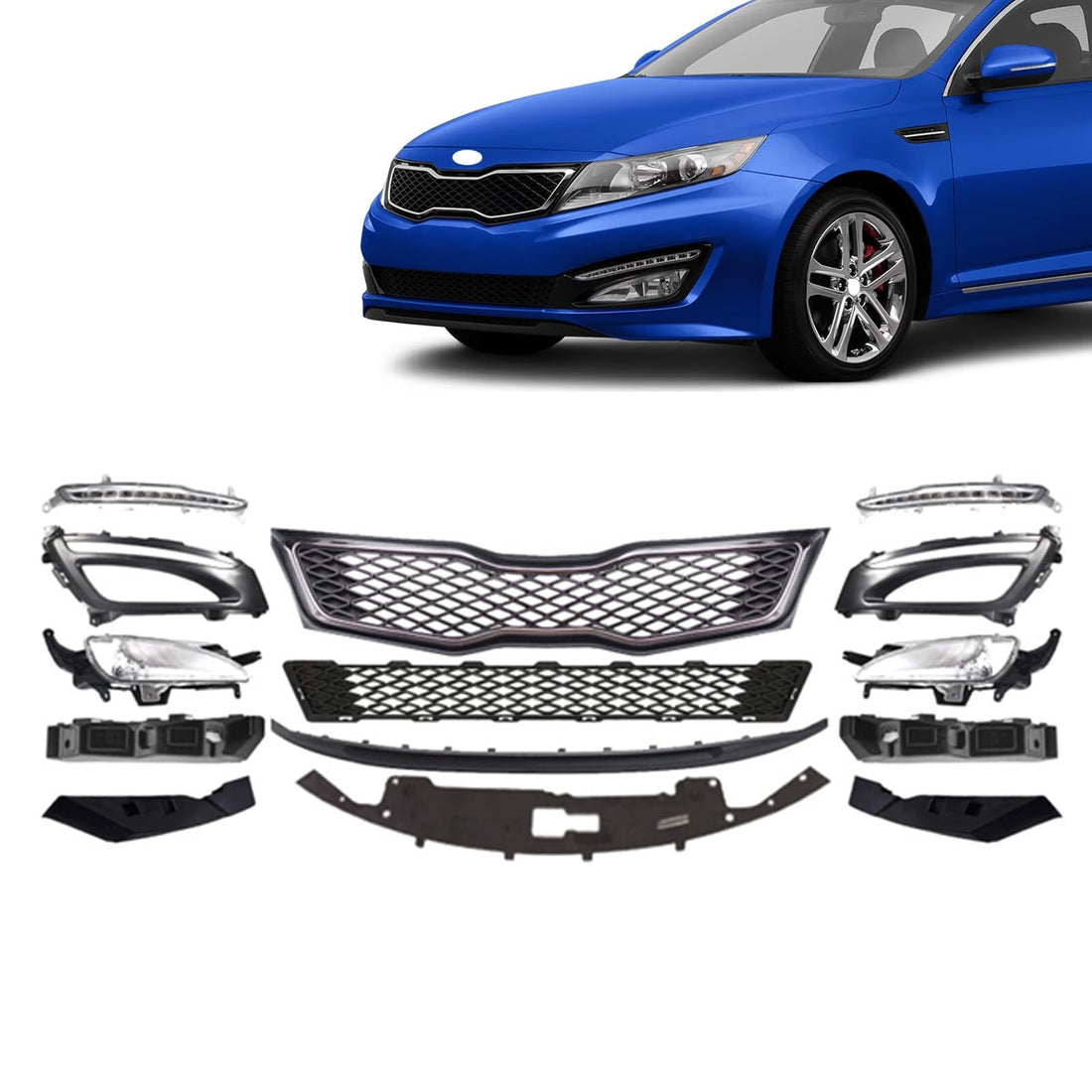 JX RACING front bumper grille and fog light bezel kit for 2011-2013 Kia Optima EX LX in black with chrome accents