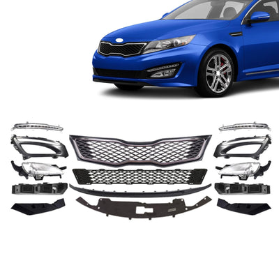 JX RACING front bumper grille and fog light bezel kit for 2011-2013 Kia Optima EX LX in black with chrome accents