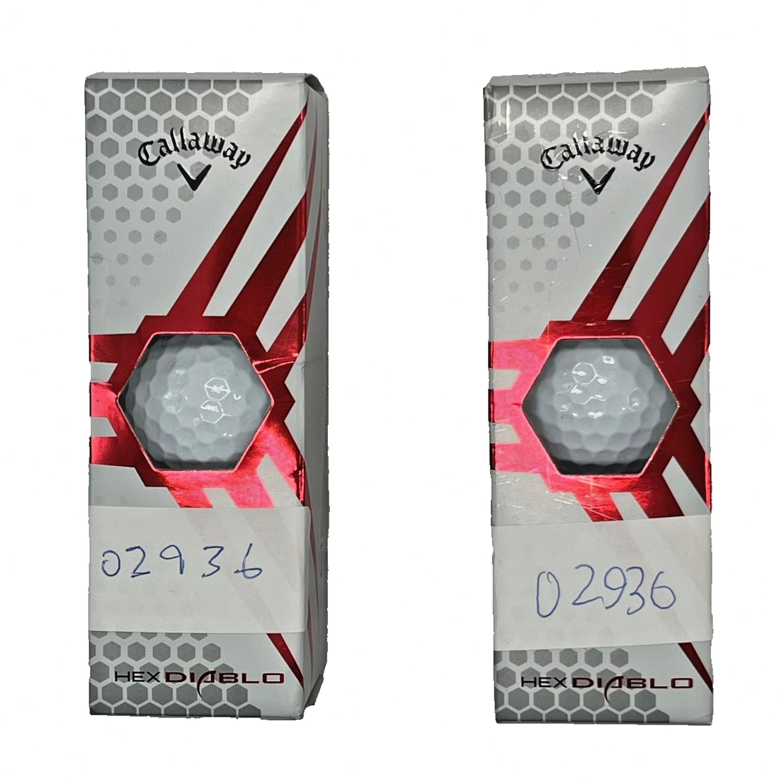 Six white Callaway HEX Diablo golf balls shown as two 3-packs, 332 dimple HEX pattern distance balls