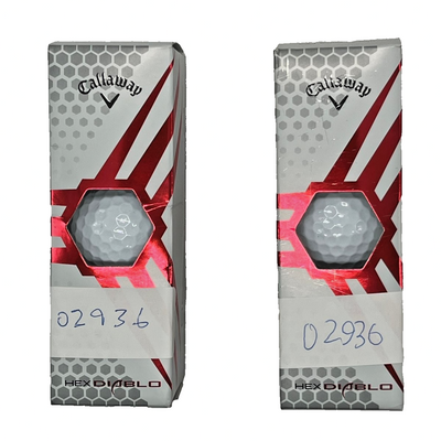 Six white Callaway HEX Diablo golf balls shown as two 3-packs, 332 dimple HEX pattern distance balls