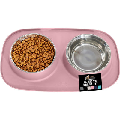 Gorilla Grip 2 cup stainless steel dog bowl on pink silicone anti-slip feeding mat with raised border