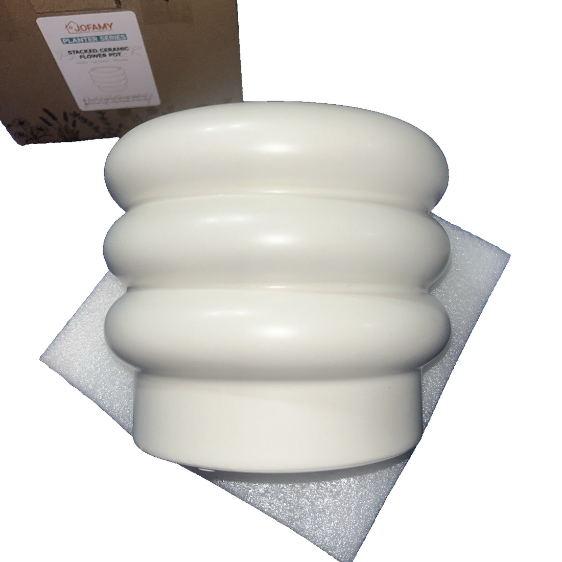 JOFAMY 6-inch tiered bubble ceramic planter pot in matte creamy white finish with stacked doughnut silhouette and drainage hole