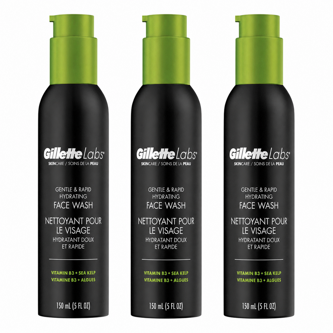 Three sealed 5 oz tubes of Gillette Labs Hydrating Face Wash with Vitamin B3 and Sea Kelp for men