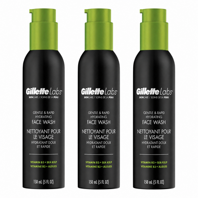 Three sealed 5 oz tubes of Gillette Labs Hydrating Face Wash with Vitamin B3 and Sea Kelp for men
