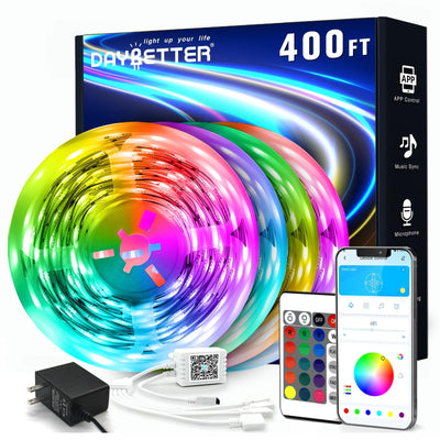 DAYBETTER 400ft color changing LED strip lights 4-pack with Bluetooth app remote and 24V power supply