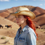 Khaki raffia woven wide brim straw cowboy hat with decorative band, unisex western sun hat by Erocalli - view 4