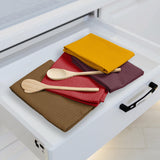 Four waffle weave cotton kitchen dish towels in brown, burgundy, red, and mustard, each 16x26 inches with hanging loop - view 3