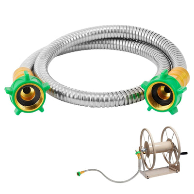 Beeplove 3ft stainless steel short garden hose with female-to-female connectors and male adapter on white background