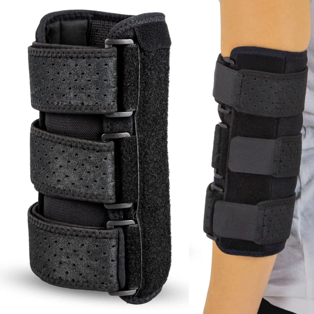 VIVE black neoprene elbow splint brace with dual aluminum supports and three adjustable straps for cubital tunnel relief