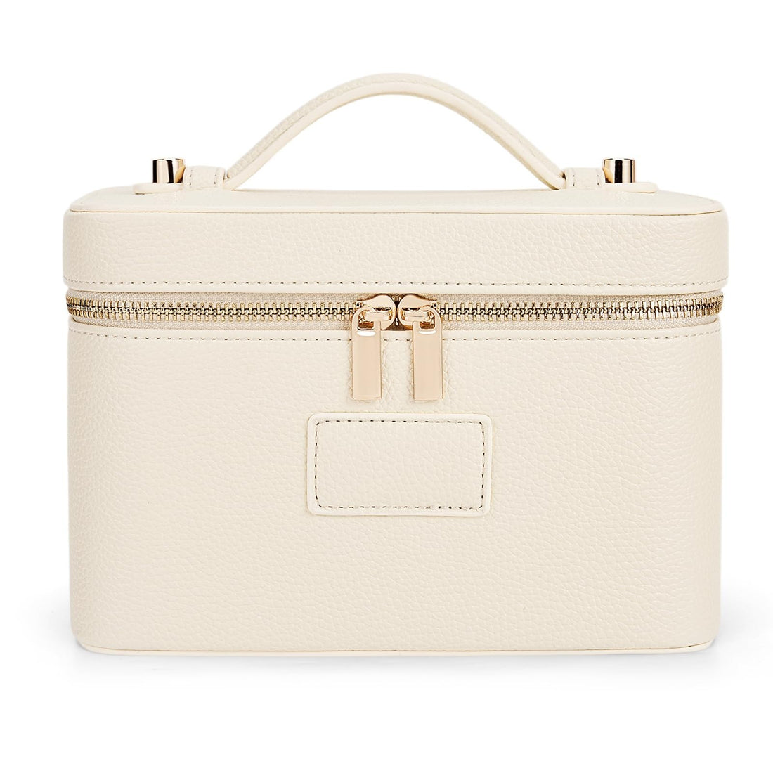 HiTotes beige PU leather travel makeup bag with zipper closure and removable divider, 8.47x4.93x5.52 inches