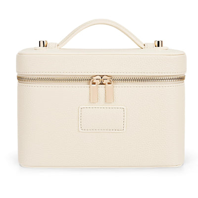 HiTotes beige PU leather travel makeup bag with zipper closure and removable divider, 8.47x4.93x5.52 inches