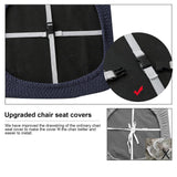 Four navy blue jacquard stretch dining chair seat covers with anti-slip straps laid flat and fitted on chairs - view 5