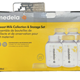 Six Medela 5oz clear breast milk storage bottles with yellow lids showing ounce and milliliter measurement markers