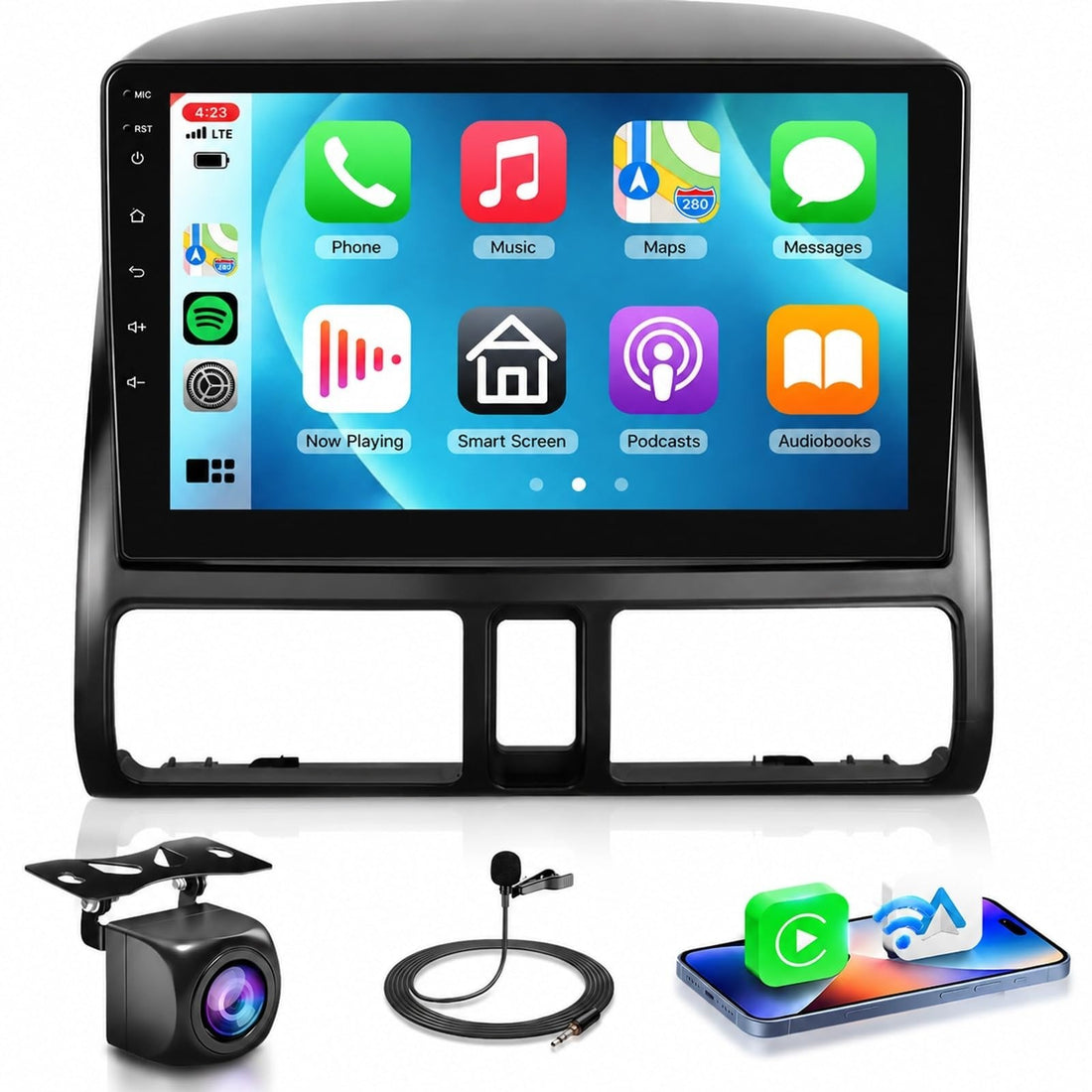 Podofo 9-inch Android double-din car stereo with touchscreen showing wireless CarPlay interface for Honda CRV 2002-2006