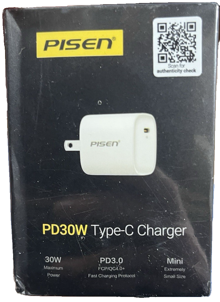 PISEN 30W GaN USB-C wall charger in white compact design with PD 3.0 QC 4.0+ fast charging support