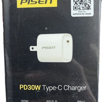 PISEN 30W GaN USB-C wall charger in white compact design with PD 3.0 QC 4.0+ fast charging support