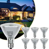 Six PAR30 long neck 75W halogen flood light bulbs with E26 base in open box packaging, warm white 2800K