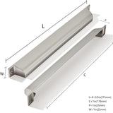 Five brushed nickel zinc alloy 7-inch cup pulls for kitchen cabinet drawers arranged on a white surface - view 3