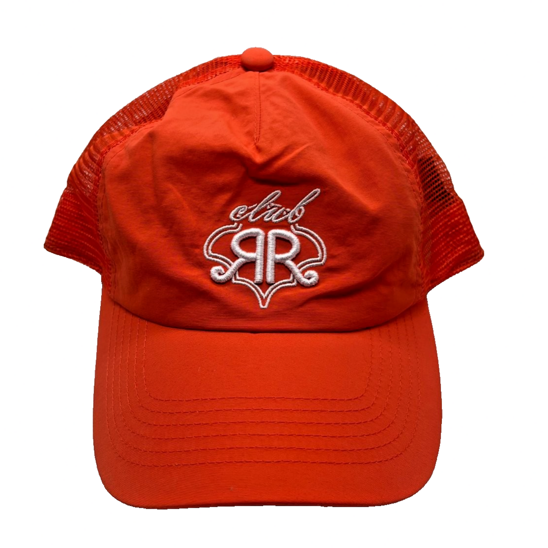 Roller Rabbit Club RR trucker hat in bright orange with embroidered RR logo, mesh back panels, and plastic snapback closure