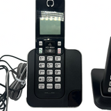 Panasonic KX-TGC352B cordless phone system with two black handsets and base unit featuring amber backlit LCD display - view 5