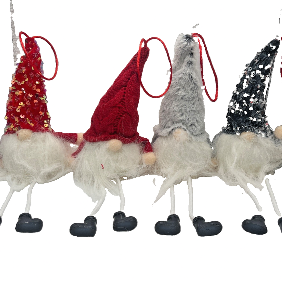 Set of 4 Aivanart Swedish Tomte gnome ornaments with white faux fur beards, textured hats, and hanging red ribbon loops