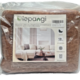 Coffee brown chenille sectional sofa slipcover with fringe trim laid over a 2-cushion corner couch, 71x118 inches