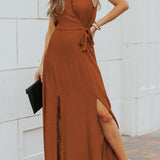 Brown sleeveless chiffon midi halter dress with high neck cord tie and side slit, shown on model or flat lay - view 4