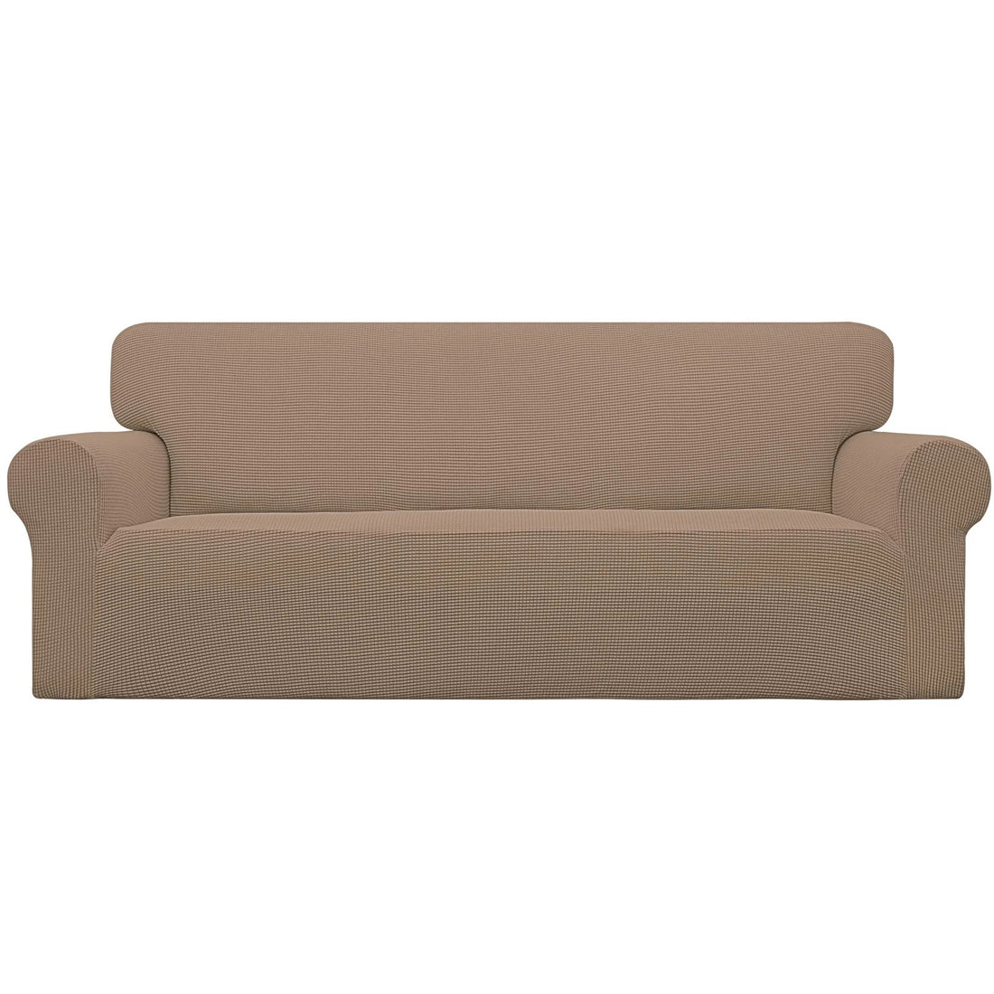 Easy-Going camel check jacquard stretch slipcover fitted over a 3-seater sofa with elastic bottom and smooth tailored coverage