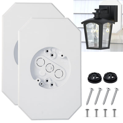 Two white Podoy vinyl siding mounting blocks with built-in electrical boxes and included screws for outdoor light fixture installation