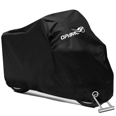 Black OPAMOO waterproof motorcycle cover draped over a full-size motorcycle outdoors, 96-inch universal fit heavy duty