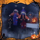 Two 31.5-inch sitting skull scarecrow Halloween figurines in colorful costumes for outdoor garden and porch decor - view 2