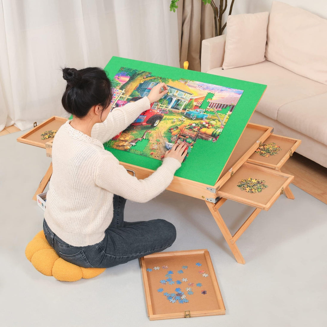 Fanwer wooden jigsaw puzzle table with 4 sliding drawers, green felt surface, and tilting foldable desktop for 1500-piece puzzles