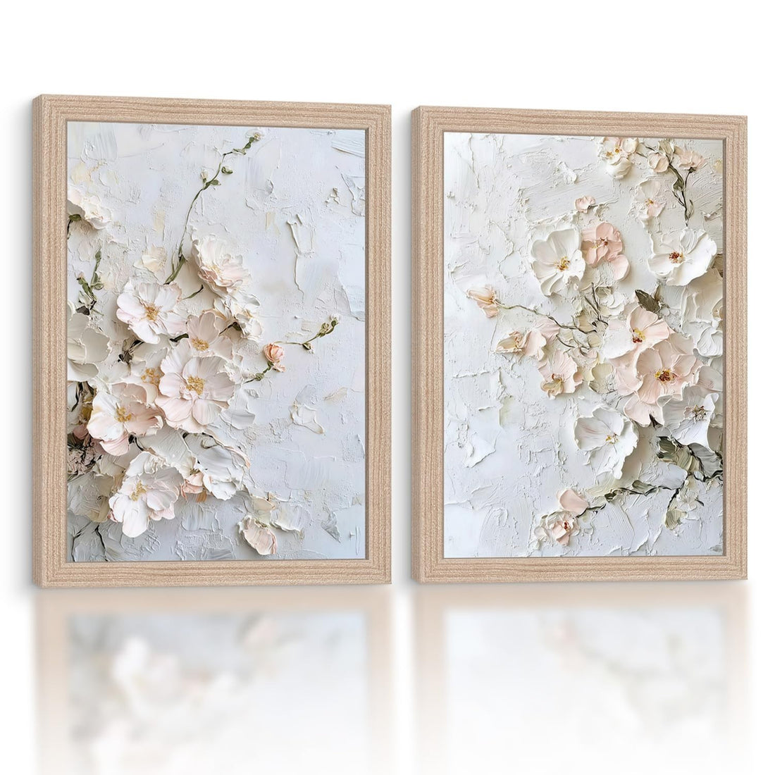 Set of 2 framed 3D textured floral botanical canvas wall art panels 12x16 inches with neutral tones, ready to hang