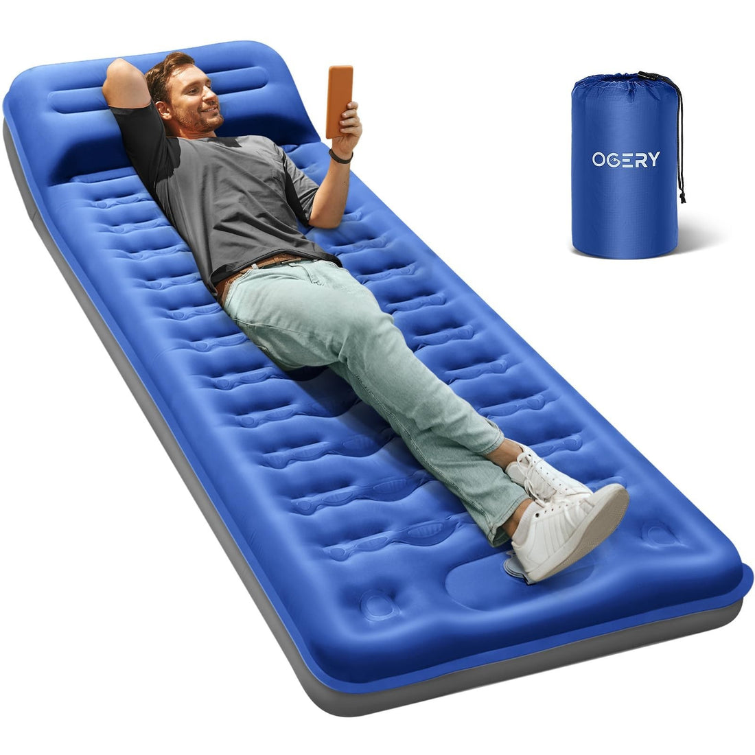 OGERY blue self-inflating camping sleeping pad 6 inches thick with built-in foot pump and attached pillow, 79x28 inches
