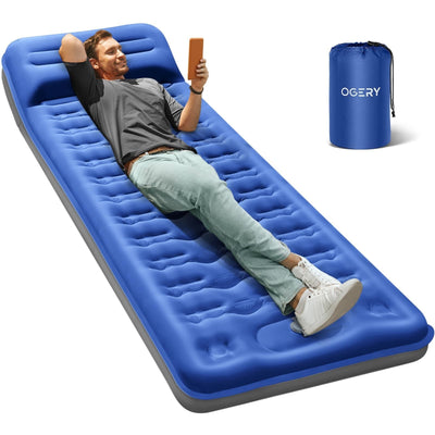 OGERY blue self-inflating camping sleeping pad 6 inches thick with built-in foot pump and attached pillow, 79x28 inches