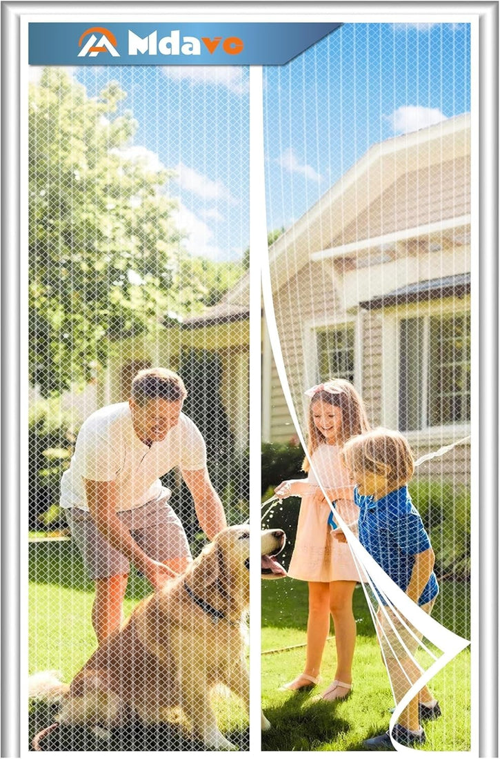 White polyester mesh magnetic screen door 36x78 inches with center magnetic seam closure mounted on a residential door frame