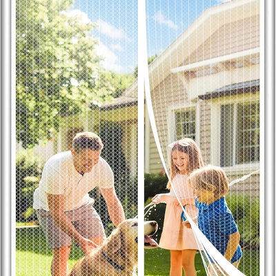 White polyester mesh magnetic screen door 36x78 inches with center magnetic seam closure mounted on a residential door frame