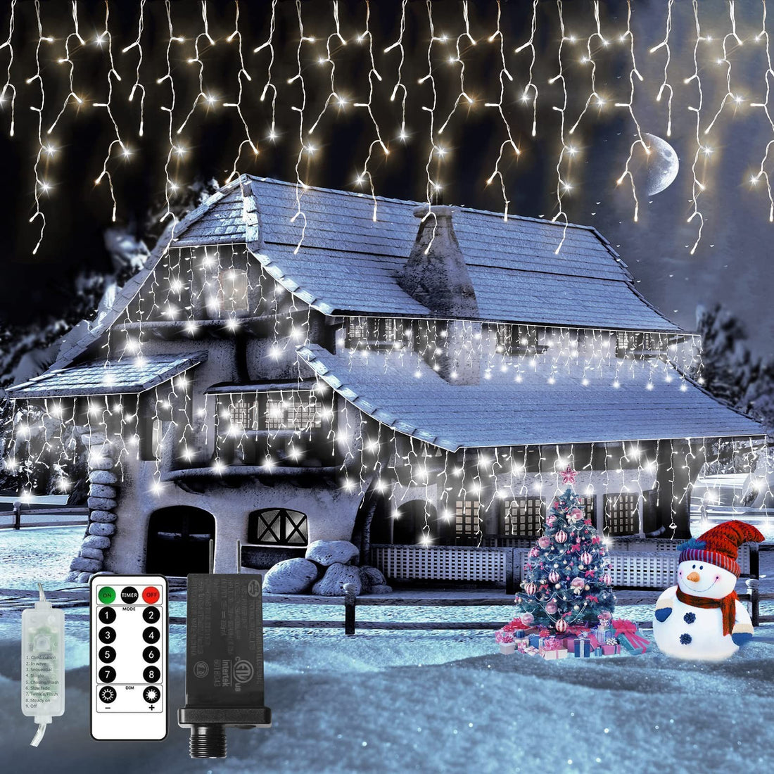 Goupfafa 720 LED cool white icicle Christmas lights with 144 hanging drops strung along a roofline outdoors at night