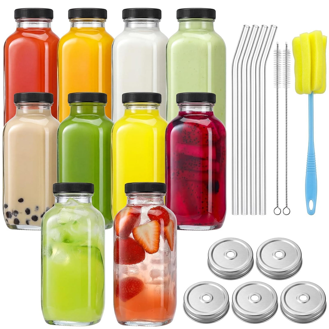 Set of 10 square clear 16oz glass juice bottles with black screw lids, silver straw caps, and curved glass straws by CUCUMI