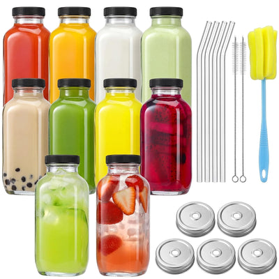 Set of 10 square clear 16oz glass juice bottles with black screw lids, silver straw caps, and curved glass straws by CUCUMI